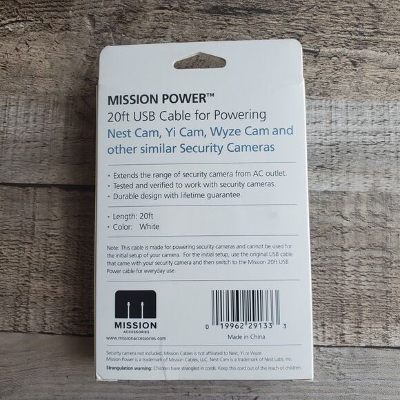 New 20' ft USB Mission Power Electronics Cable White Compatible With Nest Cam - Picture 4 of 5